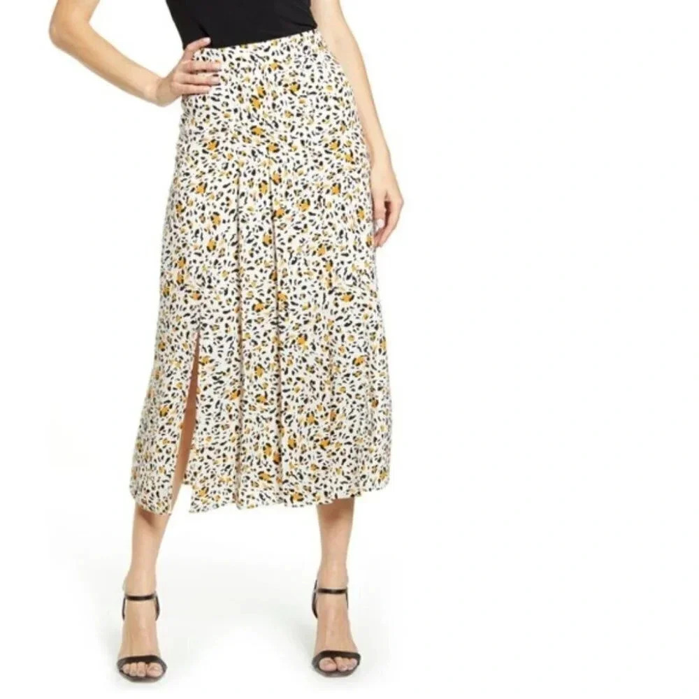 Wayf Animal Print Slit Front Midi Skirt